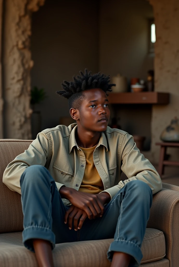 (photorealism:1.2), handsome somali boy, sitting on chair, wearing short clothes, long curly hair, indoors, soft lighting, arts in background, window with sunlight, cozy room, relaxed pose, realistic, intricate details, warm colors, by Greg Rutkowski, by Alphonse Mucha