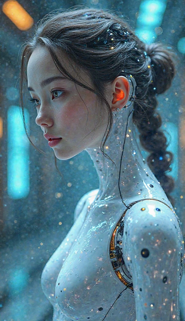 Superior quality, masterpiece, ultra high resolution. ((photorealist: 1.4), RAW photo, 1 cyberpunk android Girl, glowing skin (exceptionally realistic details)), mechanical limbs, tubes connected to mechanical parts, mechanical spines attached to the spine, neck bones, wires and cables connected to the head, Evangelion, ((ghost in the shell )), small, globally bright LED lamps, deep shadows, ultra-crisp 8k octane display, metallic, intricate ornamental details. Baroque details Very intricate details, realistic lighting, CGSoation trends in front of the camera. neon details (Android factory in the back) Art by H.r. Giger and Alphonse Mucha, white hair.