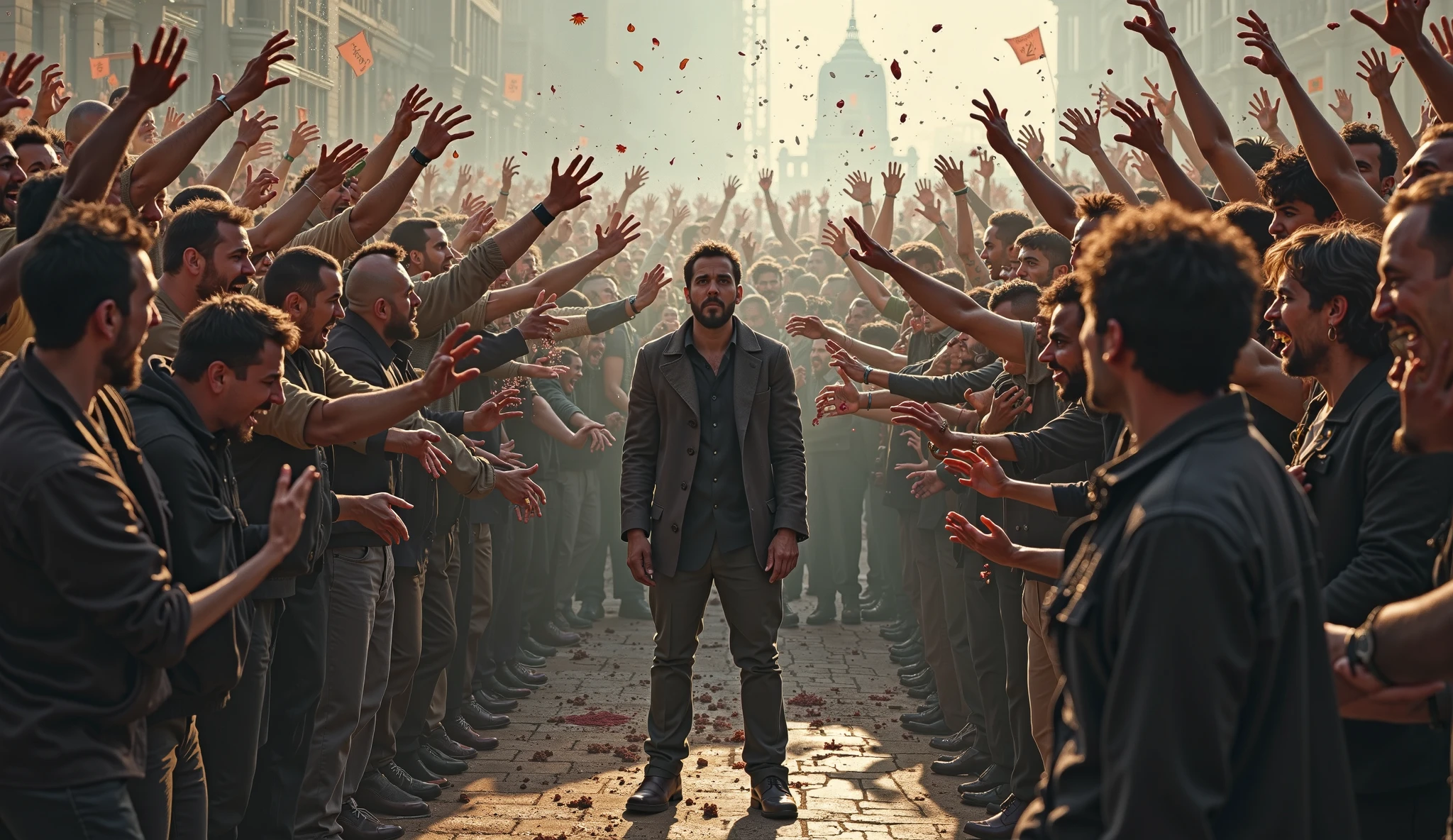 crowd of angry people criticizing and insulting a person