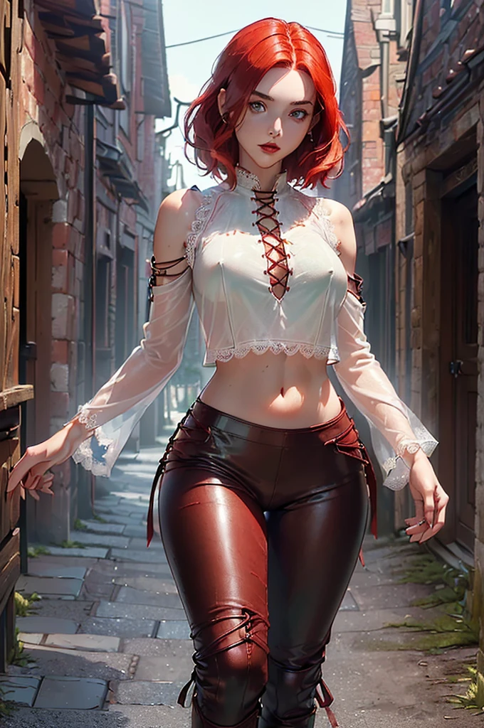 (Masterpiece quality), (ultra 4k quality), (large beautiful eyes), (((high facial definition))), (((face well illuminated))), (((beautiful elegant pose))), (((beautiful face))), (((full red lips))), (((viewed from front and below))), (cinematic lightning), (((smooth body lines))), (((NORMAL ANATOMY))), (((feminine build)), (((a beautiful lone adolescent girl))), (((she is a loose white tunic with lace up front and stomach exposed and a pair of leather pants))), (((no bare skin))), (((she has short bright red hair worn down))), (((she is standing alone in a medieval village in a sultry pose))), (((slender hips))), (((medieval themed fantasy clothes))), (((emerald green eye color))), (((fully clothed))), (((high detail clothing))), (((no headwear))), (((she is carrying a leather-bond spellbook under one arm))), (((brown leather pants)))