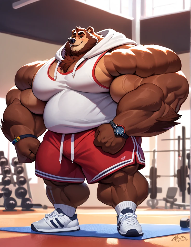Solo, 1boy, huge muscular kodiak brown bear in big gym fitness center, big smirking, kodiak bear, huge brown fur, thick arms, huge arms, big fists, veins all over arms and chests, bald, big brown mustache and beard, (muscular, pectoral, wide pectoral, thick arms), HEIGHT: 220CM, WEIGHT: 370KG, gym sets, workout equipments, ring, punching bag, 8k, masterpiece, added cinnamon colored eyebrows, deatiled eyes with red pupils, (wearing black mixed martial arts shorts with red slits, black mixed martial art fingerless gloves with red pads, black toeless footwear tapes, shirtless and topless), punching and kicking techniques, 