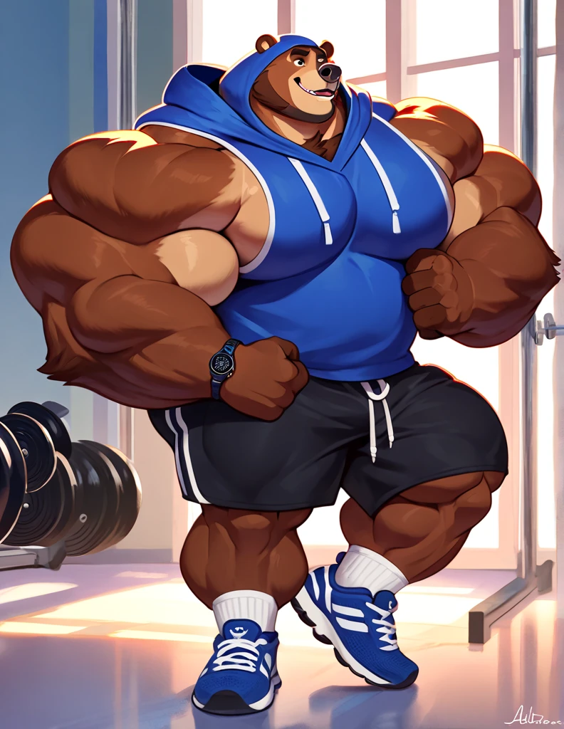 solo, anthro (cane Corso, mastiff, pit Bull), full body ears of varying colors, white belly, detailed eyes, workout t-shirt, Gym,: 1.6, sweat, heavy breathing: 1.5, correct hand, correct anatomy, biceps, (muscular) veins by the body little volume of the private parts (shorts with stripes, pattern: 1.2), Gym background, 8k hd, dark shadows.