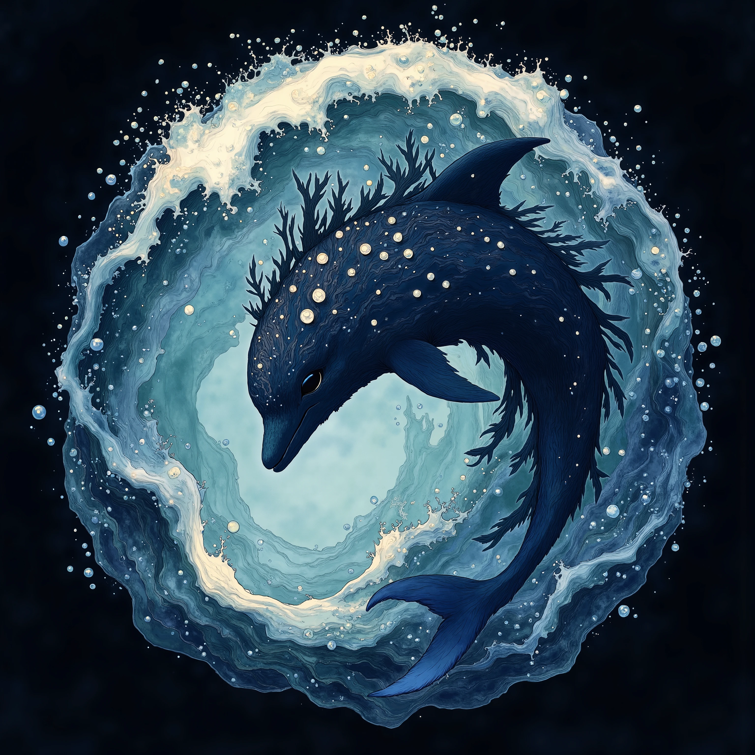 cute Dolphin in the shape of a circular wave, Studio Ghibli Dark Fairytale, dark background, vector art, mascot character, highly detailed, intricate illustration
