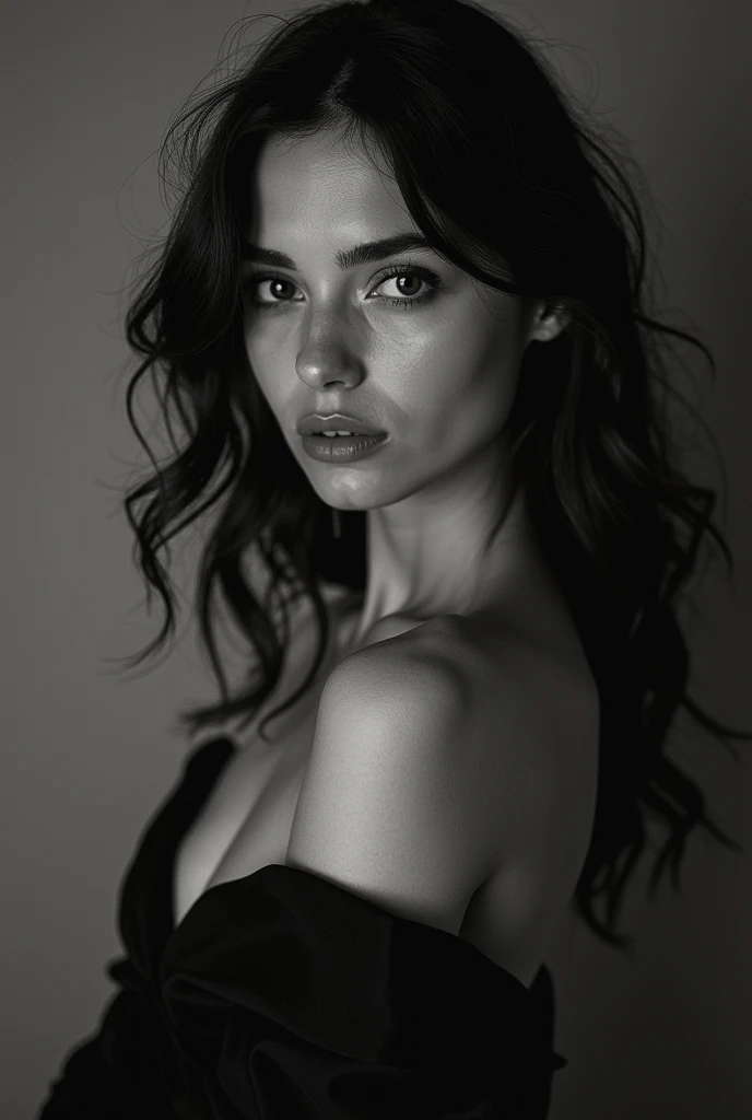 Black and White, slender, nice legs, black stockings, lingerie, long black hair, angry