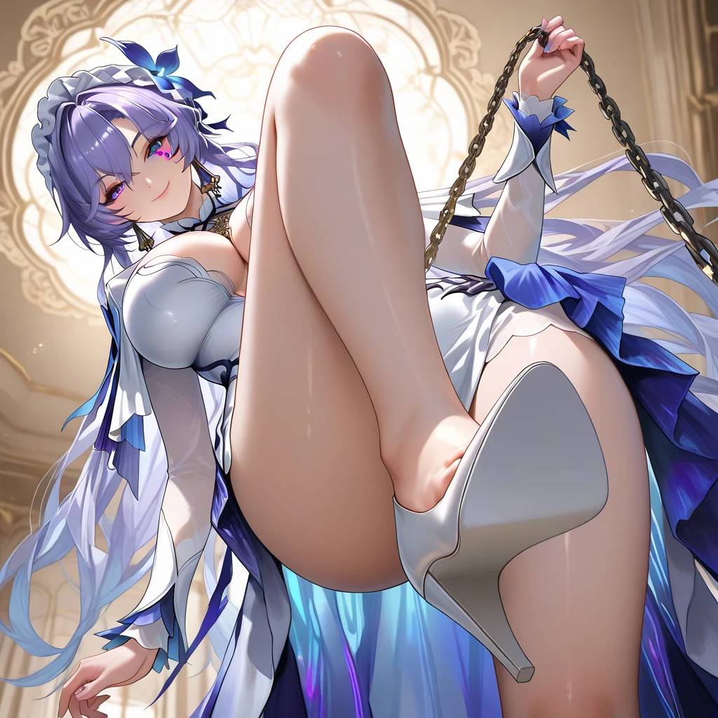Perfect human body,1 girl, A princess,(very highly detailed background、a throne), Gorgeous lolita dresow knot,semi transparent,(white stockings),((woman with fever)), ((perspiring,steamy,college aged))), Colossal tits,((The expression of color)), (Blushlush:1.2), golem,