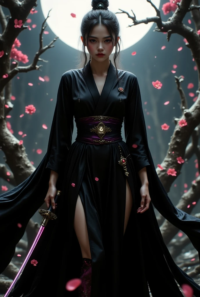 Sakura enigmatic princess high contrast dark background shine samurai sword see through mask 