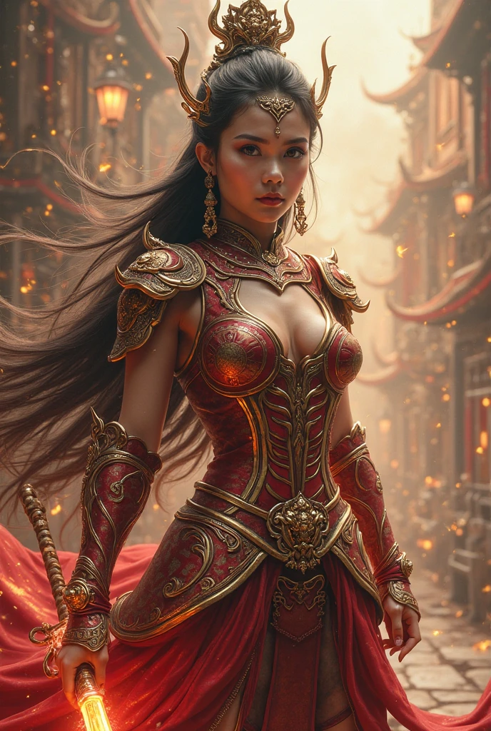 Ultra-realistic photo of a powerful big-breast fantasy beautiful Thai female full-armored heroine with long hair,evil sly smile,wearing highly detailed red and gold Royal-Thai pattern with metallic gold textures and weathered surface armored, ** Royal Thai ornament hat**, right hand holding a long gigantic royal Thai pattern-style glowing energy broad-sword , left fist to a camera ,cinematic lighting, sharp focus, shallow depth of field, high dynamic range, soft shadows, realistic materials, photo taken in a studio with fantasy heaven city background, 85mm lens, f/1.4, ISO 100, 8K photo