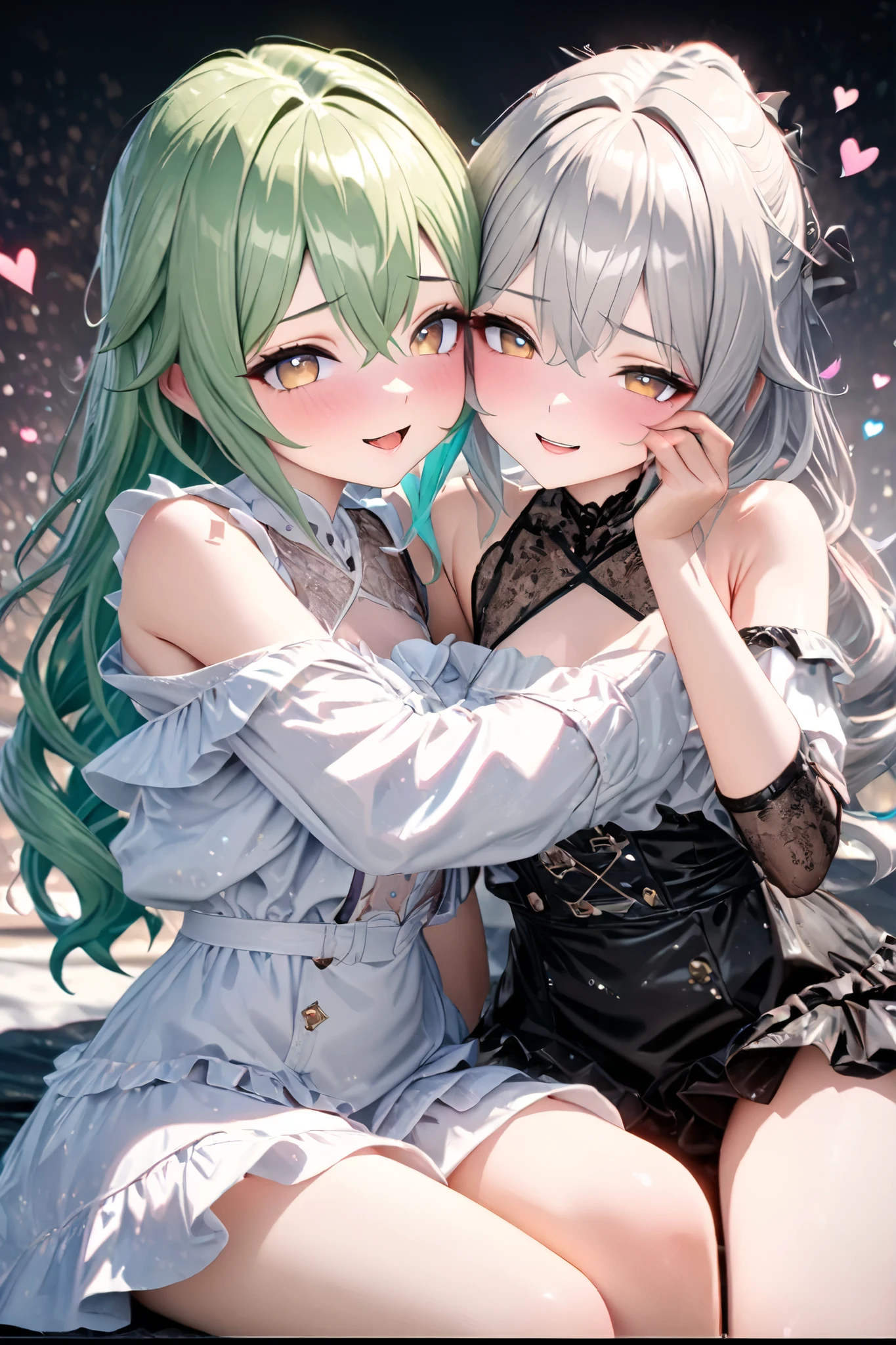 cute twin 18-year-old girl , Green medium hair, Lustful, Lustful Face, Big brown eyes, Excellent figure, twin fashion , wearing white loose ruffle clothes , Full of Tattoos, They are sitting together, snuggle up to each other 、 happily rubbing their faces , pastel dots and hearts on the background, shading effects, Gradient Magic Effects, Foggy Filter Effects, glitter effect, (Super Detail, absolute resolution, top quality:1.3), 2.5d, delicate and dynamic, art pictures, super realistic, Graphic CG