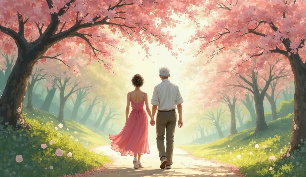 　A middle-aged couple walking under a cherry tree in full bloom.back view、、Gray Hair、white shirt、pink skirts