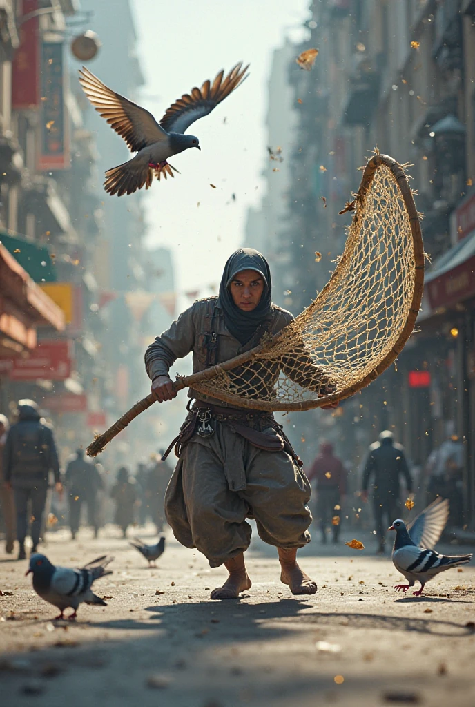 Valiger Then, a person with a big net catches the pigeon."
