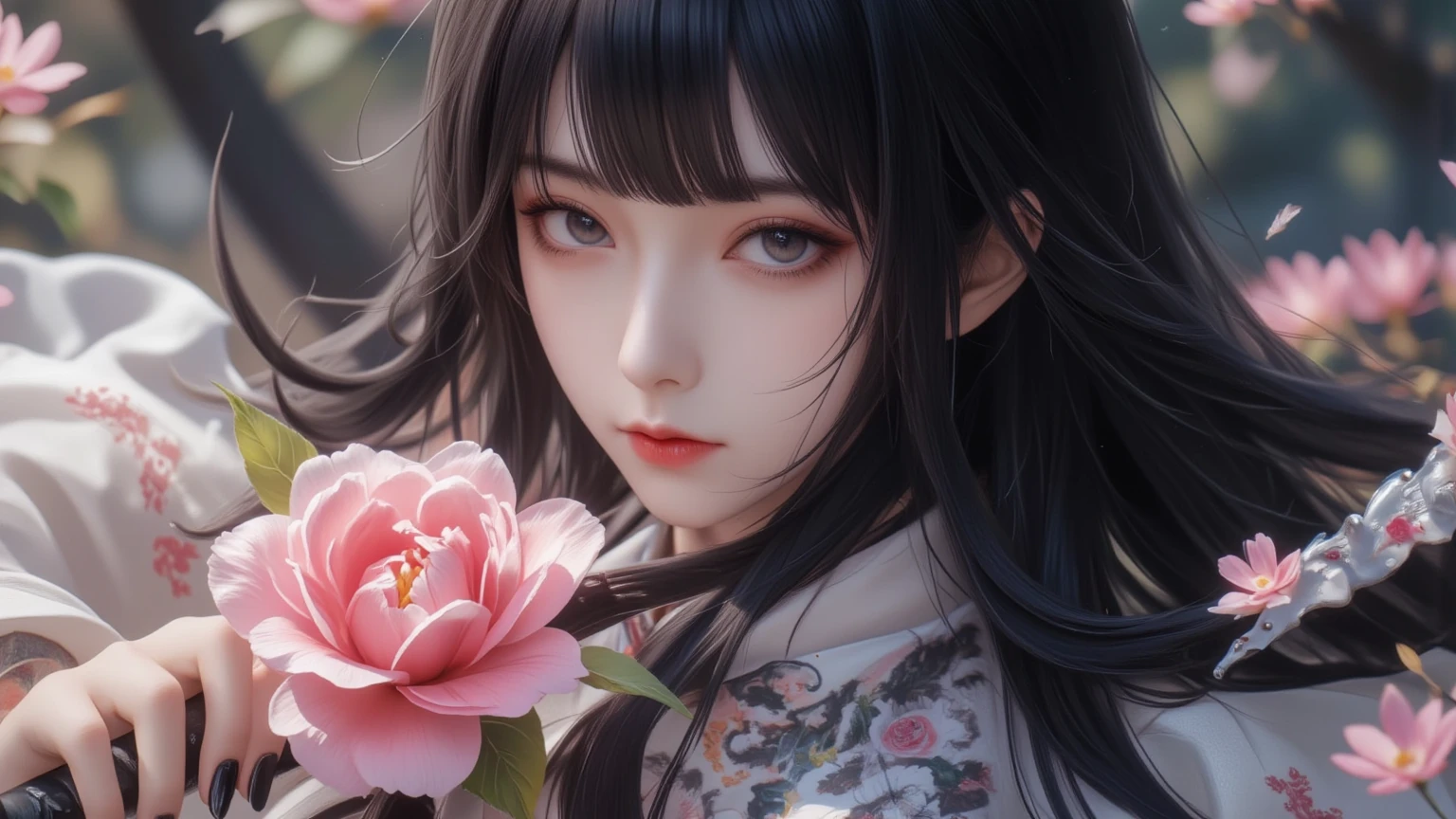 (masterpiece1.2),(best quality:1.2),highres,extremely detailed 8k wallpaper,very clear,realistic,1girl,full body,(soft smile),bare shoulders,solo,jewelry,earrings,realistic,1girl,black hair,chinese clothes,white qipao,looking at viewer,upper body,flower,shirt,peony \(flower\),white shirt,lips,hair ornament,black eyes,DOF,soft light,gongbi color ink style, 