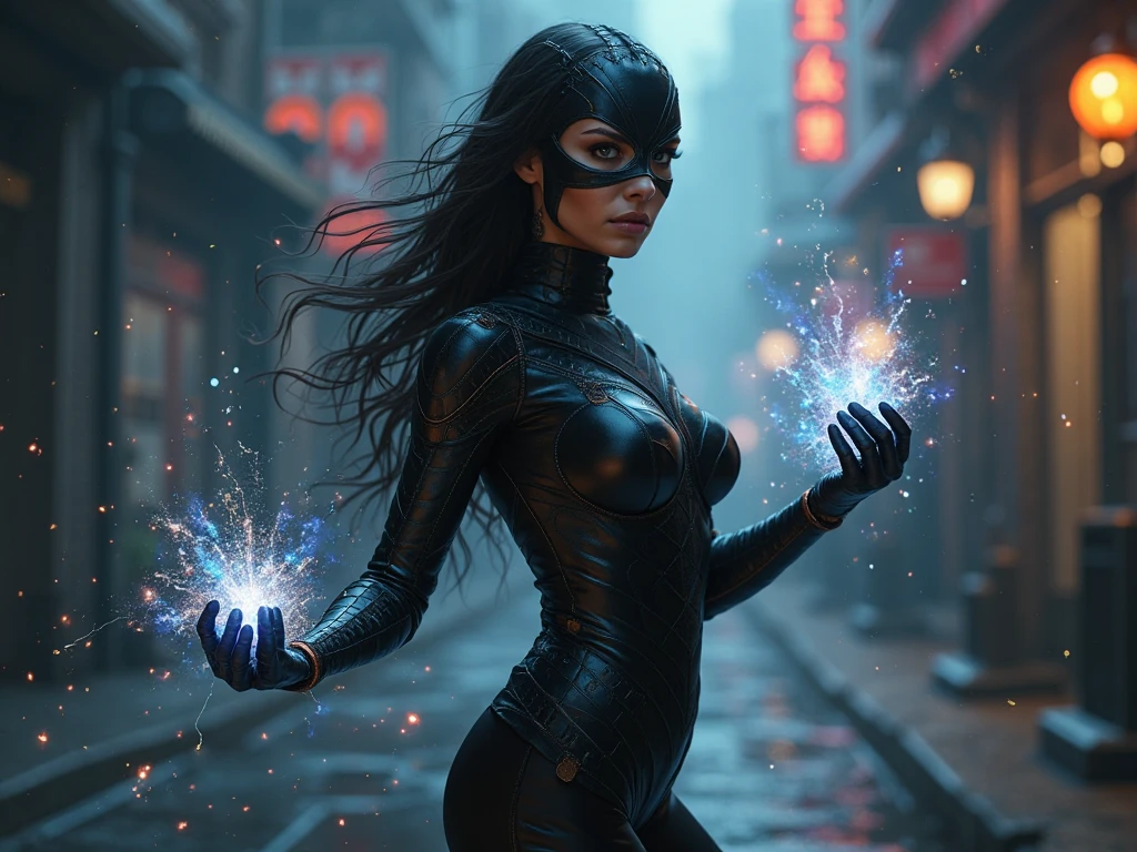 new Super Hero, Magic in realy Black super suit and mask ( female)