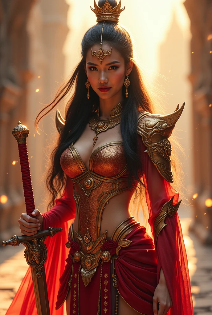 Ultra-realistic photo of a powerful big-breast fantasy beautiful Thai female full-armored heroine with long hair,evil sly smile,wearing highly detailed red and gold Royal-Thai pattern with metallic gold textures and weathered surface armored, ** Royal Thai ornament hat**, right hand holding a long gigantic royal Thai pattern-style glowing energy broad-sword , left fist to a camera ,cinematic lighting, sharp focus, shallow depth of field, high dynamic range, soft shadows, realistic materials, photo taken in a studio with fantasy heaven city background, 85mm lens, f/1.4, ISO 100, 8K photo