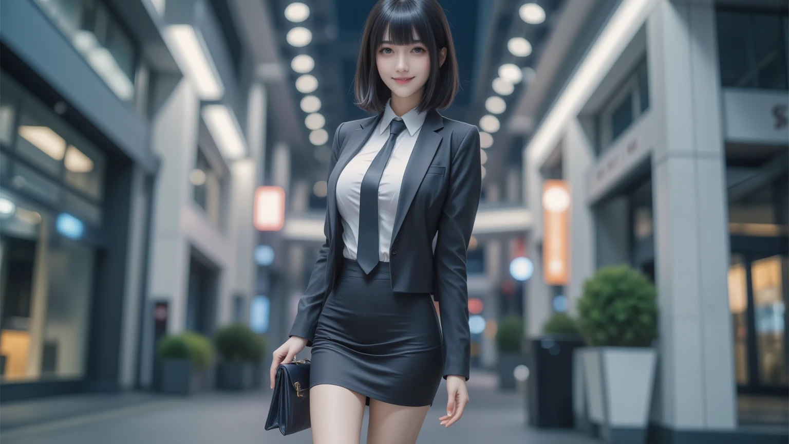 Highest quality、masterpiece、8k、Very detailed、Realistic、(One girl)、(Looking at me with a smile:1.5)、whole body、(Black Hair)、Small face、(Slender:1.2)、(Big Breasts:1.2)、(White business shirt with buttons and a collar:1.2)、(short tight skirt in gray,:1.2)、(Grey business jacket:1.2)