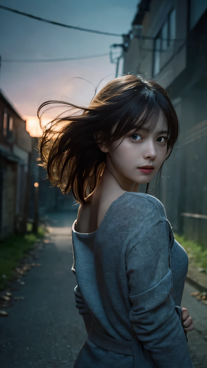 A beautiful woman fleeing in fear, glancing over her shoulder with a terrified expression, her hair and clothes slightly disheveled from running, caught mid-motion as she leaves a dimly lit, eerie environment. Masterpiece, Best Quality, Illustration, Ultra-detailed, finely detailed, high resolution, 8K Wallpaper.