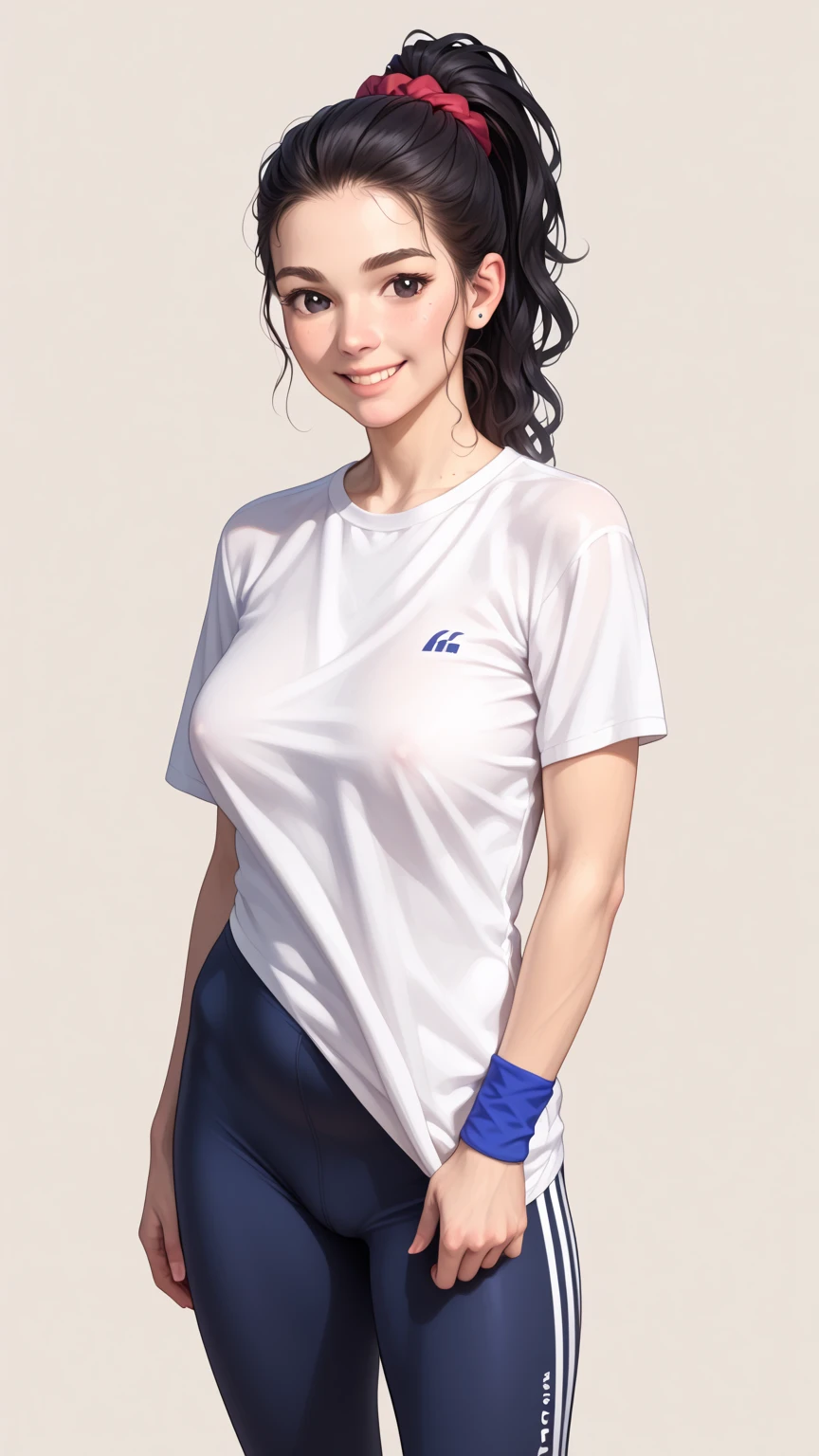 best quality, masterpiece, real,realistic, photo,photorealistic,looking at viewer, 1girl, Girl in white physical education t-shirt and dark blue panties, close-up, ponytail, sexy, looking to the viewer, seducing, seducing expression, seducing eyes, big breasts, Black hair, facing the camera, standing, wide hips, thick legs, hottie, sexy legs
