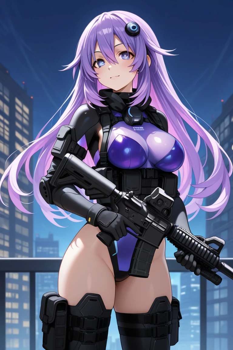 Long purple hair , yellow eyes, sexy, kaiju no. 8 uniform, ready to attack a kaiju, holding a advanced rifle weapon, tied hair, cute hairstyle, serious look, gloss lips, sit, sinister, front look, tactical gear, tactical boots, tactical gloves, full body shot, beautiful eyes, large breasts, triple D cup breasts, round buttocks, bubbly buttocks, wide hips, bubbly ass, fit and strong, slender body , night, sensual, straigh hair cut, clear skin, evil, young 30 years girl, adult girl, solo, red, very long hair,
