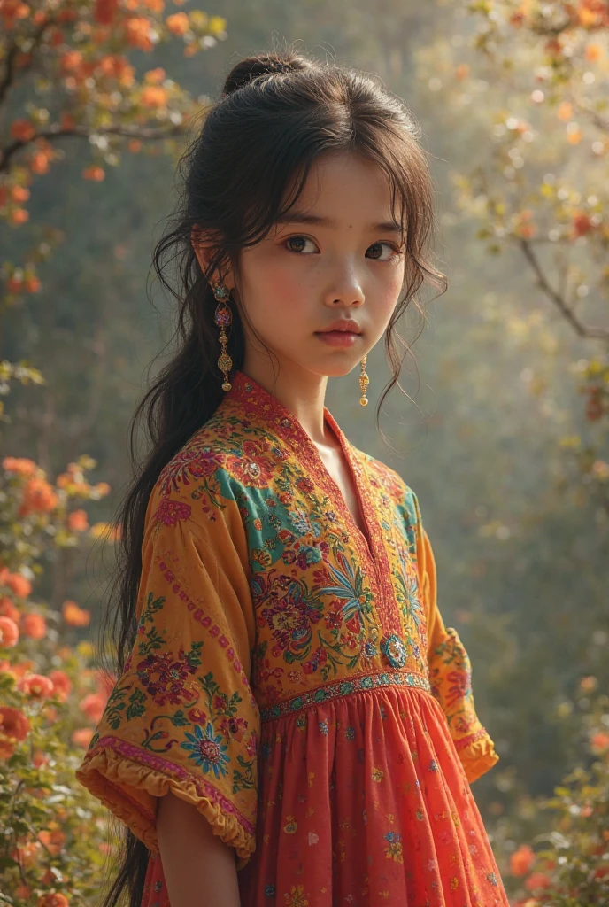 Boy, solo, (((gold and red dress))), flowers, jewelry, long sleeves, wide sleeves, chinese clothes, hanfu, embroidery, long skirt, long flowing hair, detailed face, detailed beautiful eyes, (intricate:1.3), (arcane aura:1.2), (dreamlike:1.3), (subtle mist:1.1),(vibrant colors:1.2), (detailed hair:1.3), (ultra realistic details:1.5),