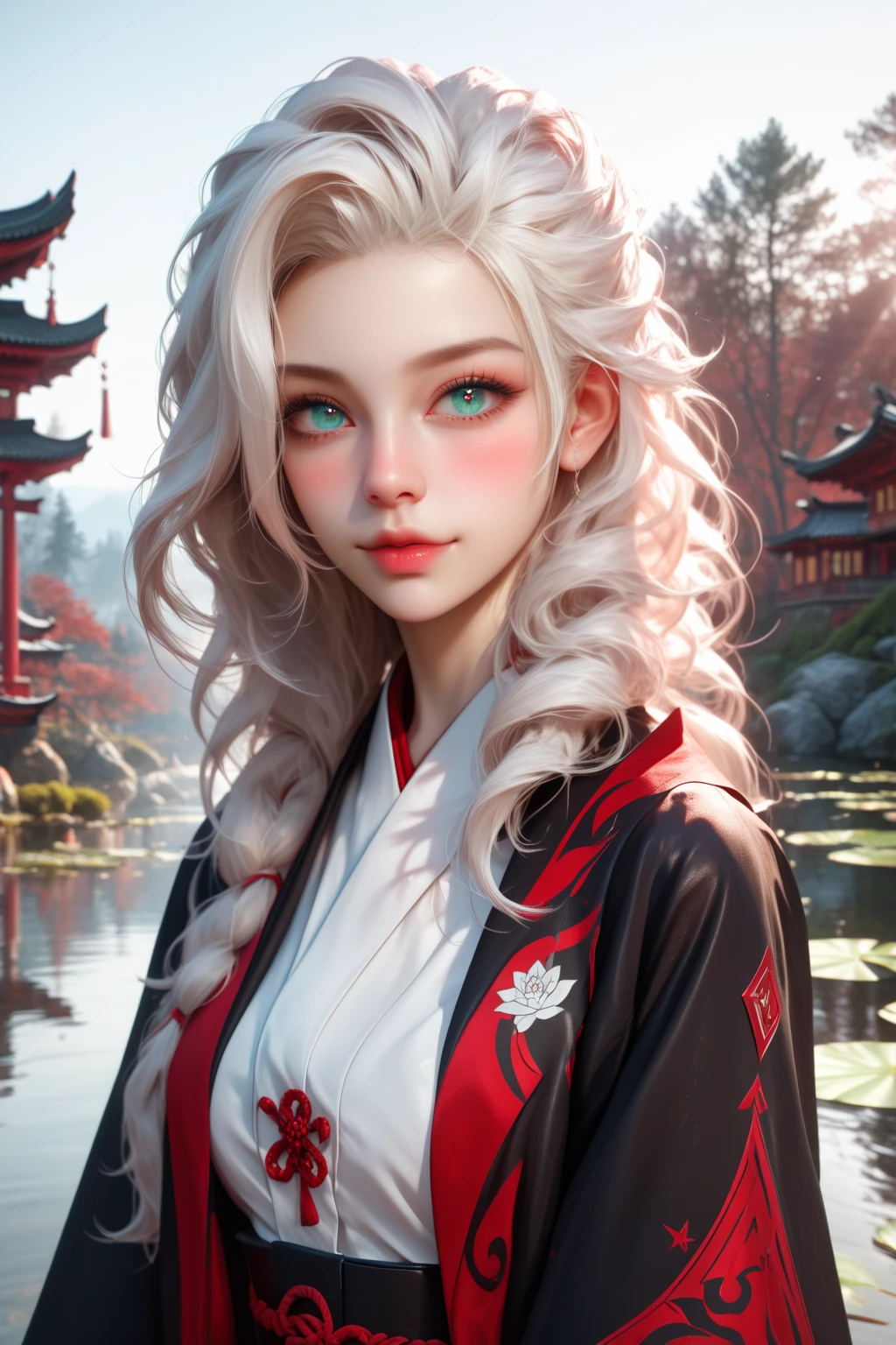 (tangobat:0.7),(Sakimichan:0.7),(High CT quality,4k,High resolution,main piece:2.3),(Very detailed,Realistic:1.37,Best quality,masterpiece, high resolution,on_body), (Tyndall effect,photorealistic, Edge lighting, Two-color lighting),(high definition skin:2.3), (8K UHD, DSLR quality, soft lighting, high quality, surround lighting, sincere, de 8K , 4K, 8K.) 
Albino girl with tiny wiry bodybuilding, she has painfully white skin with a blush, she has long straight snow-white hair with loose hairstyle with no bangs, she has white fluffy eyelashes, she had  a turquoise eyes and red pupils. She has a red birthmark on her forehead in the form of : a red circle and two red dots under it. She's wearing a black wizard's uniform of jujutsu tech: a long black floor-length skirt and a black jacket with long wide sleeves. She has a jade talisman on her belt.  On the background :misty dawn, bright sky, Japanese oriental temple standing in the middle of a lake, lotsies and water lilies grow on the surface of the water, and a red Tori-gates standing in the distance.