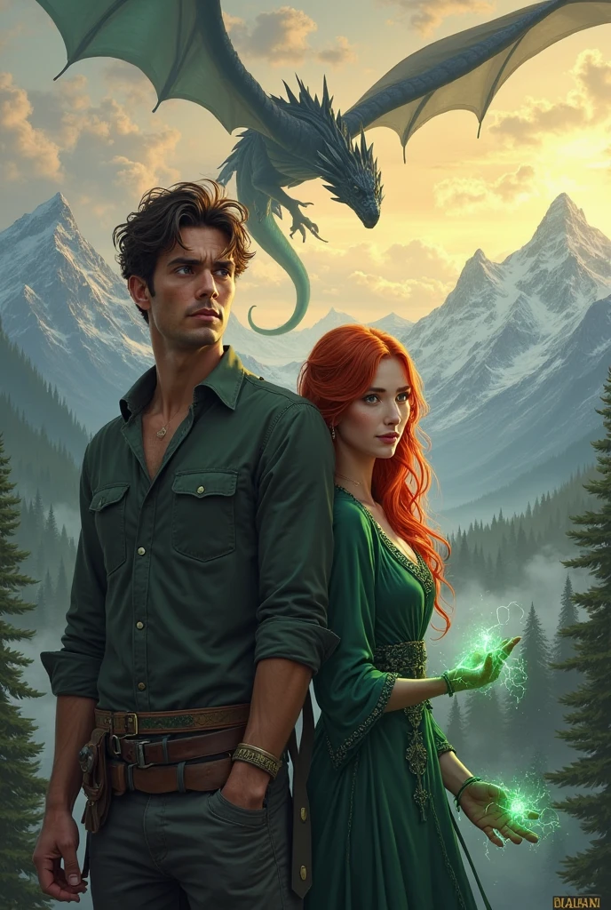 Illustration Prompt for Book Cover Design
Title: The Hidden World: Inheritance
Art Style: Cinematic, digitally painted fantasy realism — rich lighting, dramatic shading, high detail in characters and backgrounds, with vibrant yet balanced colors. Match the reference image’s mood and painterly texture.

🧍 Character Placement and Design
Foreground (Centered, slightly right-angled):

Jack Fallon

Pose: Protective but introspective, standing slightly behind and to the right of Fiore. Broad-shouldered and powerful posture.

Appearance:

Very tall, heavily muscled build — “built like a wall”

Dark brown tousled hair, cut just a bit wild

Intense amber eyes

Subtle shimmering dragon scale rash creeping up one side of his neck or arm

Wearing a forest-green or charcoal shirt, slightly unbuttoned, hinting at strength without being flashy

Expression: Serious, contemplative, watchful.

Fiore Rhian

Pose: In front of Jack, leaning slightly forward or upward like she’s sensing danger or power, hands lit with faint energy/light.

Appearance:

Fiery red, flowing hair catching the light

Radiant green eyes, sharp and ethereal

Enchantingly beautiful — facial features glowing subtly, flawless skin

Wearing an intricately patterned emerald green dress or tunic with Fae-like designs

Faint magical aura: her hands gently glowing with light and electricity

Expression: Mysterious, graceful, determined, drawn toward the unknown.

🏞️ Background Elements
Mountains: Majestic snowcapped peaks inspired by the reference, stretching across the horizon — possibly glowing with morning or evening light.

Dragon: A large, shadowy dragon soaring high above the mountain line in the background — menacing but elegant. Black or deep indigo scales, wings wide, partially silhouetted against the sky.

Sky: Warm tones — golden hour light with scattered clouds catching the sunlight. Optional mystical glow or aurora for a magical touch.

Forest & Mist: Deep, enchanted forest below the mountains, cloaked in