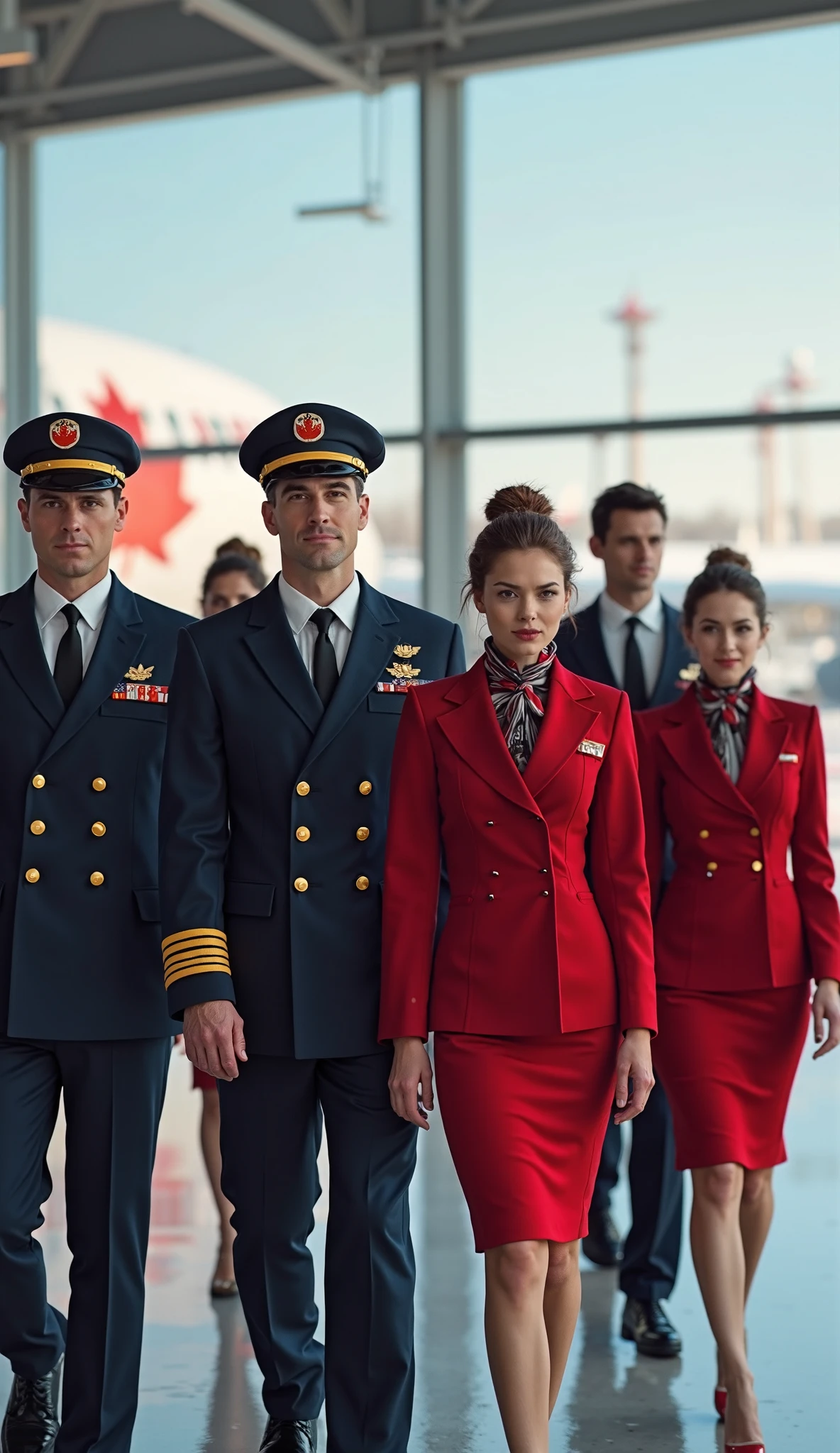 a perfect photo of a group of joyful and pretty women standing with Leonardo Dicaprio in captain suite, , (wearing long red skirt:1.2), stewardess, wearing garrison cap, white gloves, red unifrom <lyco:RussianStewardess_v10:1.0>