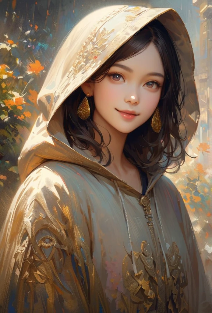  Impressionist Paintings, realistic, gold earrings、Smiling young dark-haired beautiful girl, Face Up、with a smile！、I'm wearing a hooded robe、