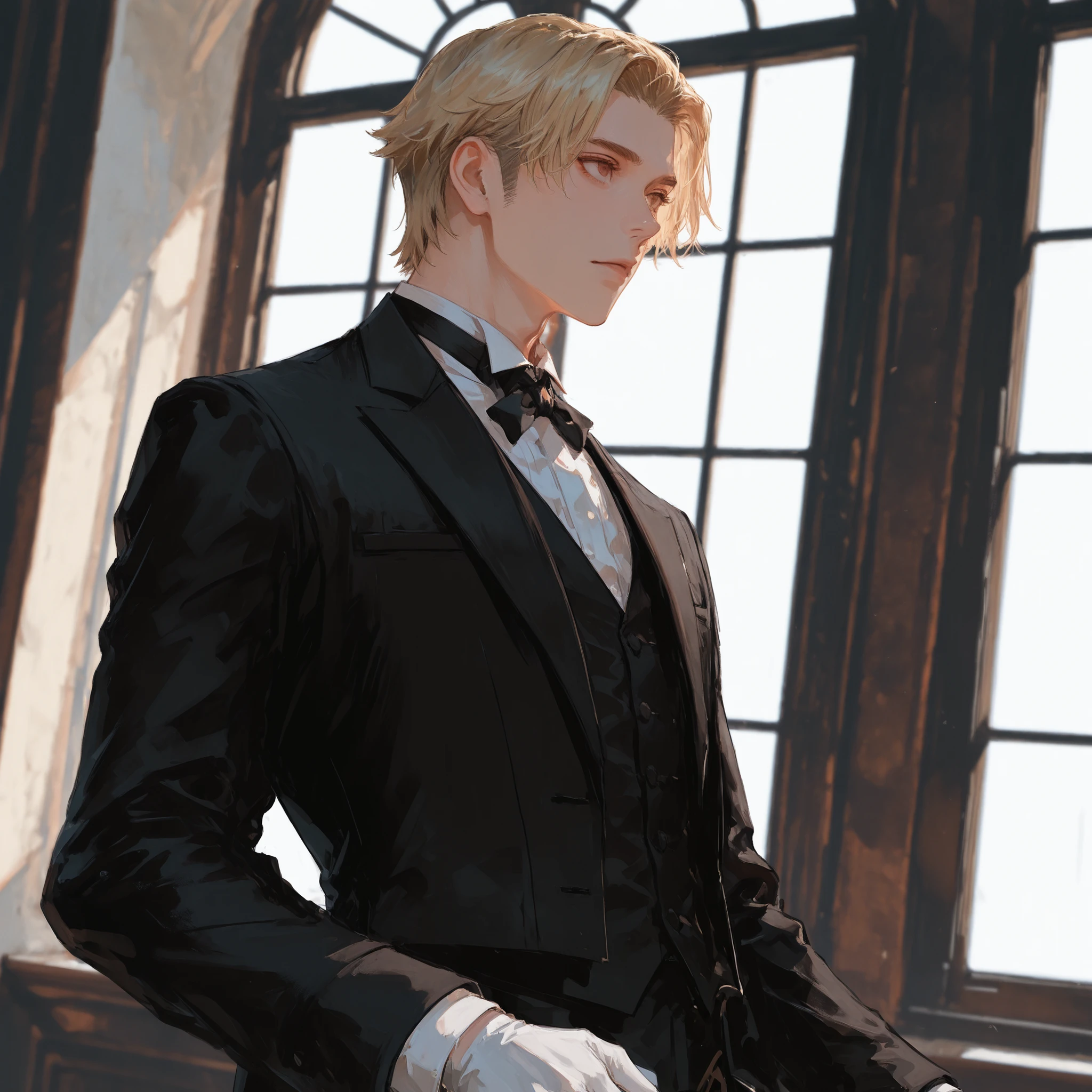 macro shot, eye closeup shot, dutch angle, makes an aesthetic, Master piece, Best Quality, ultra detailed, a handsome man, man, solo, Short Hair, butler, beautiful blonde hair, beautiful brown eyes, black suits, white gloves, Standing near the window,