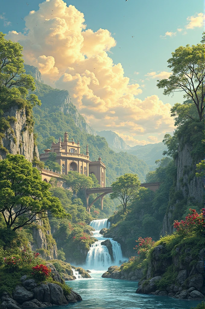 You can see golden and white clouds, cascadas, lush vegetation and classic architectural structures.