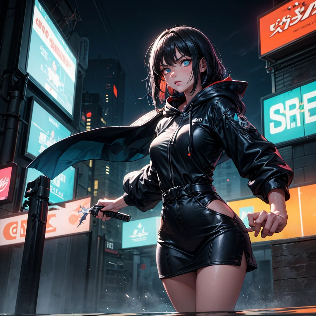 A highly stylized anime girl in her late s stands on a rain-soaked rooftop, ready for battle. She has long, flowing jet-black hair, partially hidden under a sleek, futuristic hoodie with the hood pulled up. Her eyes glow with a piercing electric blue light, casting a faint glow from beneath the hood's shadow.

The hoodie is part of a form-fitting, cyber-enhanced combat outfit — matte black with glowing neon blue circuitry woven into the fabric. The edges of the hood and sleeves pulse with subtle light, and the ????? area features minimalist armor plates integrated seamlessly into the fabric.

She holds a futuristic katana with both hands, angled downward in a low, aggressive stance, as if moments from launching into a strike. The blade hums with a faint blue energy along its edge.

The setting is a high-tech cyberpunk city at night, with rain falling steadily and puddles reflecting layers of neon light. The background features towering skyscrapers with holographic ads and glowing signage in icy blues and cyan tones.

Digital fog and steam drift through the air, illuminated by the neon. The rooftop is slick, industrial, and covered in grime and rain puddles. The mood is intense and cinematic, like a freeze-frame from an action-packed anime showdown.

Her expression is fierce — lips slightly parted, brows drawn in determination, glowing eyes locked onto an unseen enemy. The atmosphere is heavy with tension and energy, as if something big is about to happen.