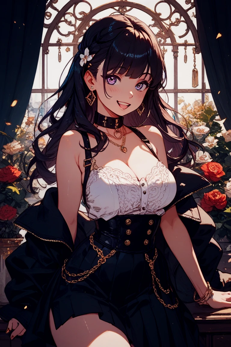 32k, highest quality, expensive_solve, clear_image, detailed background, girl, flower, garden, starry sky, Beautiful modeling, smile,  lots of butterflies々, big breasts 