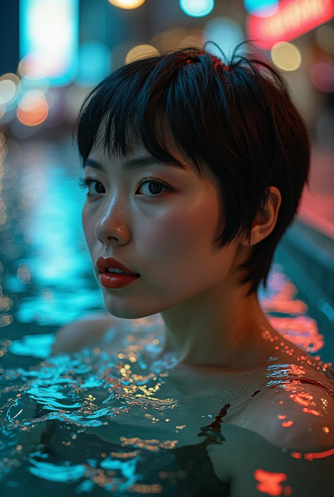 A beautiful woman with pixie cut black hair partially submerged in a shimmering liquid, brilliantly reflecting city lights above; a blend of organic and synthetic materials creates a visually stunning dichotomy, captivating composition, highly detailed.