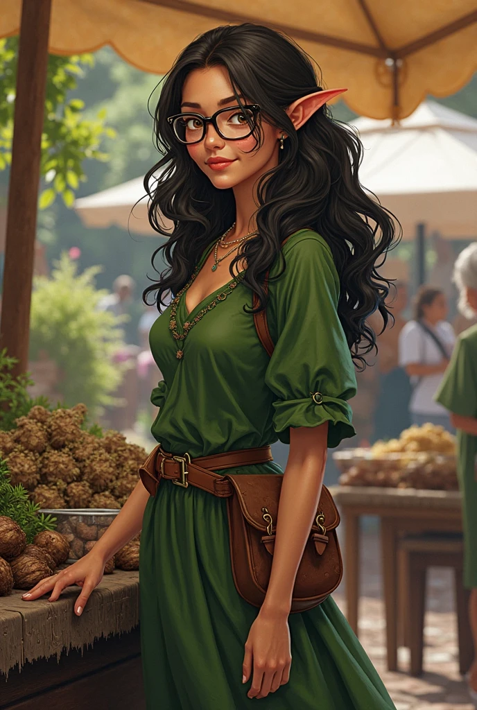 The character for the game Dungeons and Dragons. Half-elf herbalist with dark, flowing curly hair, brown eyes and freckles on her face. wears glasses.  with a smile on his face. She is wearing a simple long green dress, belt with leather pouches on it. Standing near a table at the market with dried herbs and roots.