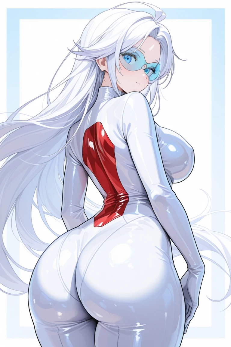 Sexy asian woman, silver hair, stringy body suit, sexy, thong, big butt, biew from behind , anime style, black background, t shirt design