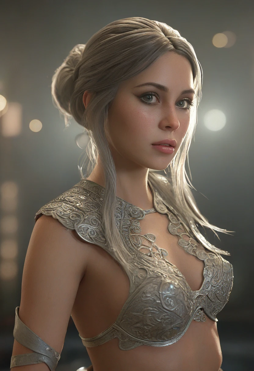 Highly detailed, best quality, masterpiece, official art, highres, absurdres, official art, detailed,  cinematic, (mature female), grey single braided ponytail,  mature female, detailed face, detailed eyes, medium breasts, big hips, big thighs,  robes,holding a banana,detailed lips, detailed fantasy city in background