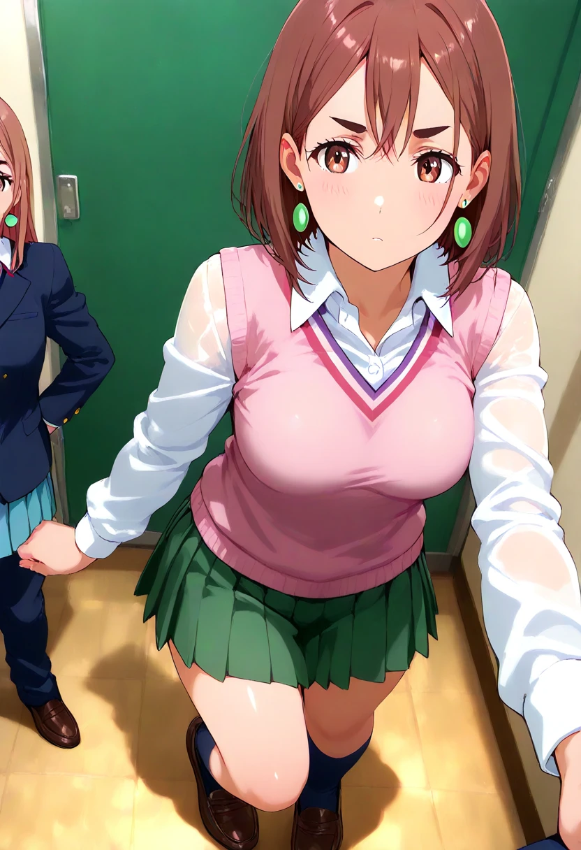 best quality, ultra-detailed, high resolution, multiple girls, harem, medium breasts, various hair, various hair color, white school uniform, blue pleated skirt, bra, panties, (1990s \(style\),retro artstyle,1990s anime cels style), locker room, from below, (looking away:1.2), talking, open mouth, smile, thigh focus