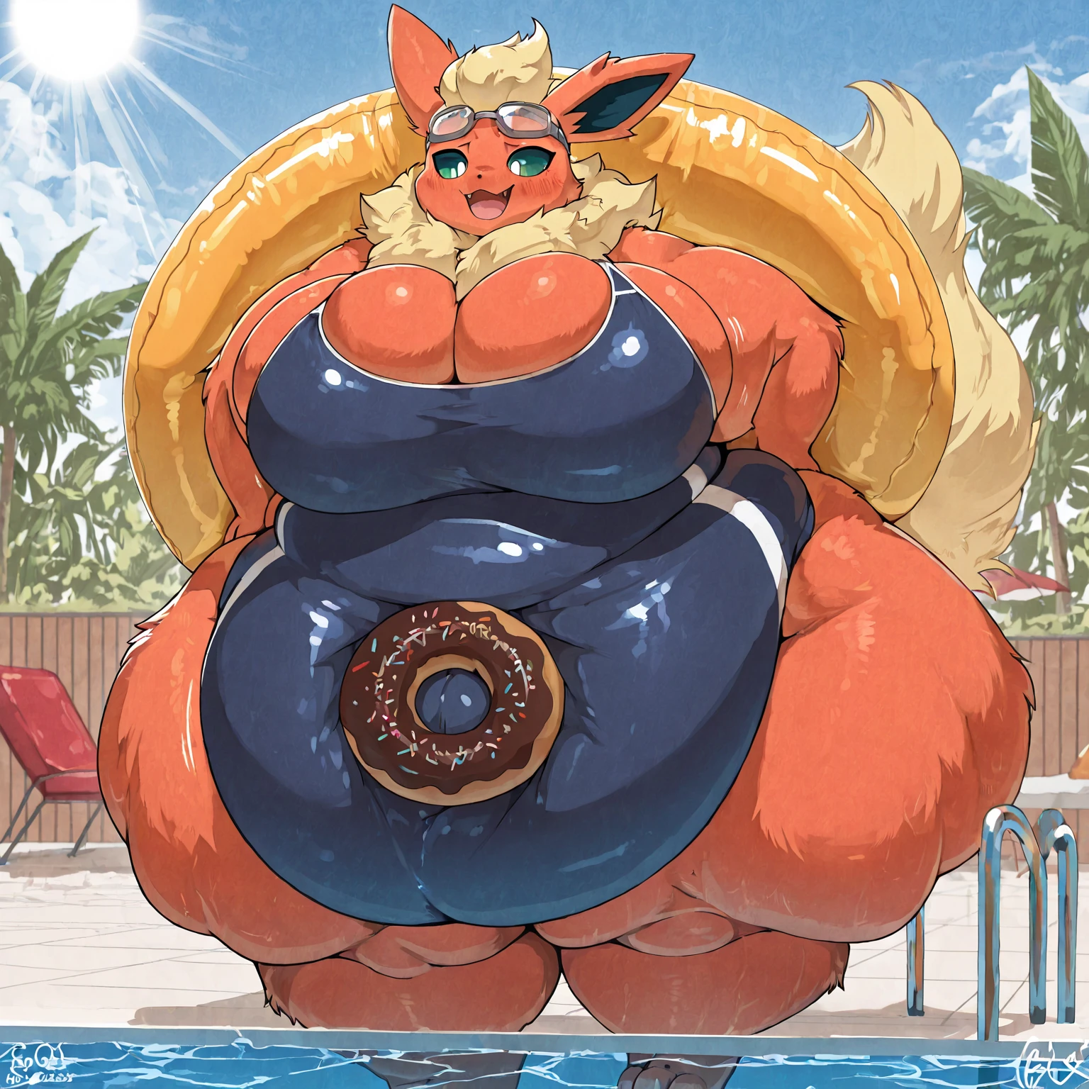 A young fox woman in a bikini, massive bloated overstuffed belly, fat inflation, shes shocked at her rapid sudden weight gain, shes getting fatter by the second, painfully bloated growing belly, her friend wont stop feeding her,