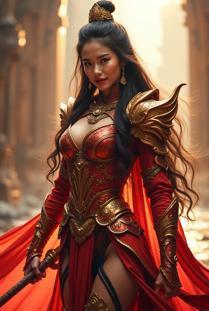 Ultra-realistic photo of a powerful big- fantasy beautiful Thai female full-armored heroine with long hair,evil sly smile,wearing highly detailed red and gold Royal-Thai pattern with metallic gold textures and weathered surface armored,  Royal Thai ornament hat, right hand holding a long gigantic royal Thai pattern-style glowing energy broad-sword , left fist to a camera ,cinematic lighting, sharp focus, shallow depth of field, high dynamic range, soft shadows, realistic materials, photo taken in a studio with fantasy heaven city background, 85mm lens, f/1.4, ISO 100, 8K photo