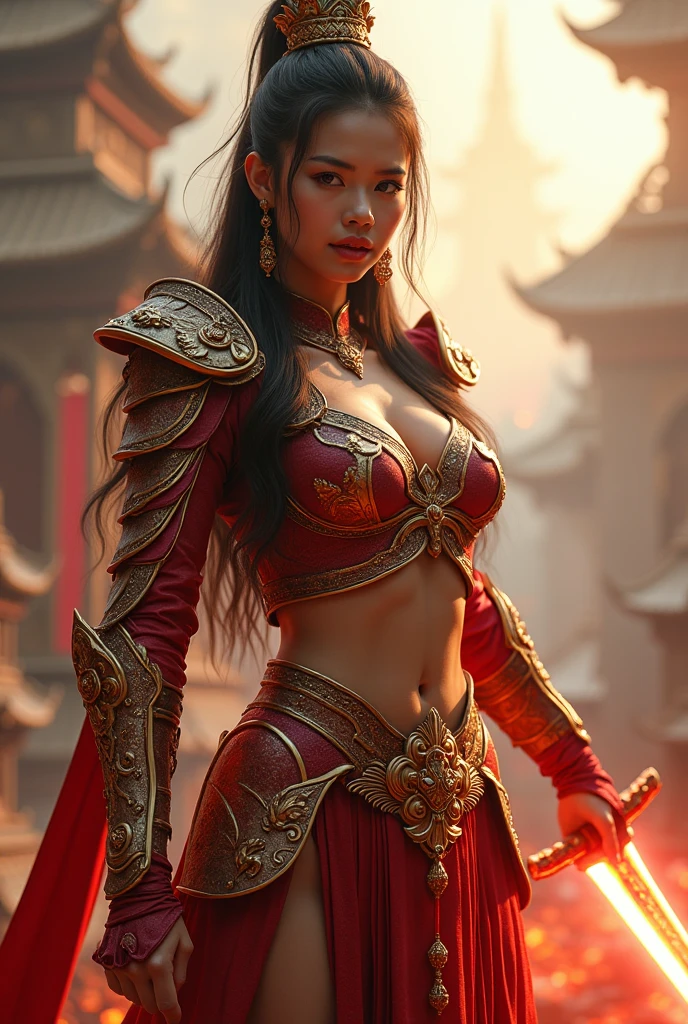 Ultra-realistic photo of a powerful big- fantasy beautiful Thai female full-armored heroine with long hair,evil sly smile,wearing highly detailed red and gold Royal-Thai pattern with metallic gold textures and weathered surface armored,  Royal Thai ornament hat, right hand holding a long gigantic royal Thai pattern-style glowing energy broad-sword , left fist to a camera ,cinematic lighting, sharp focus, shallow depth of field, high dynamic range, soft shadows, realistic materials, photo taken in a studio with fantasy heaven city background, 85mm lens, f/1.4, ISO 100, 8K photo