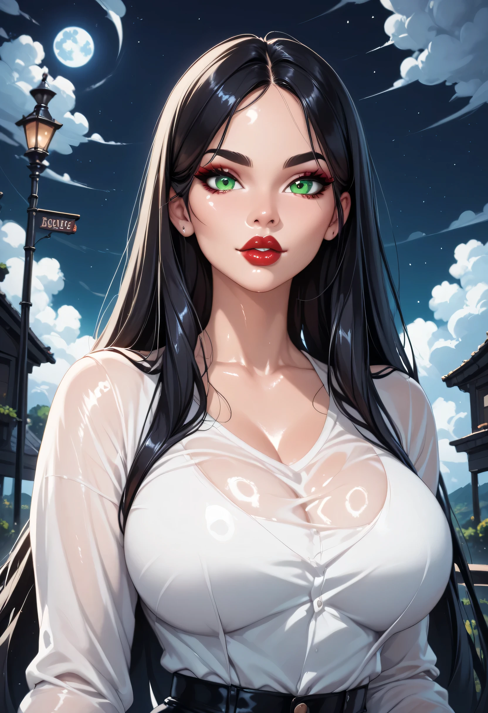 (perfect face, perfect body), black hair, very long straight hair, black thin eyebrows, green eyes, black eyeliners, nose, thick lips, red lips, beautiful face, large breasts, shirt, (shiny skin), looking at viewer, (night sky, cloud sky, roading)