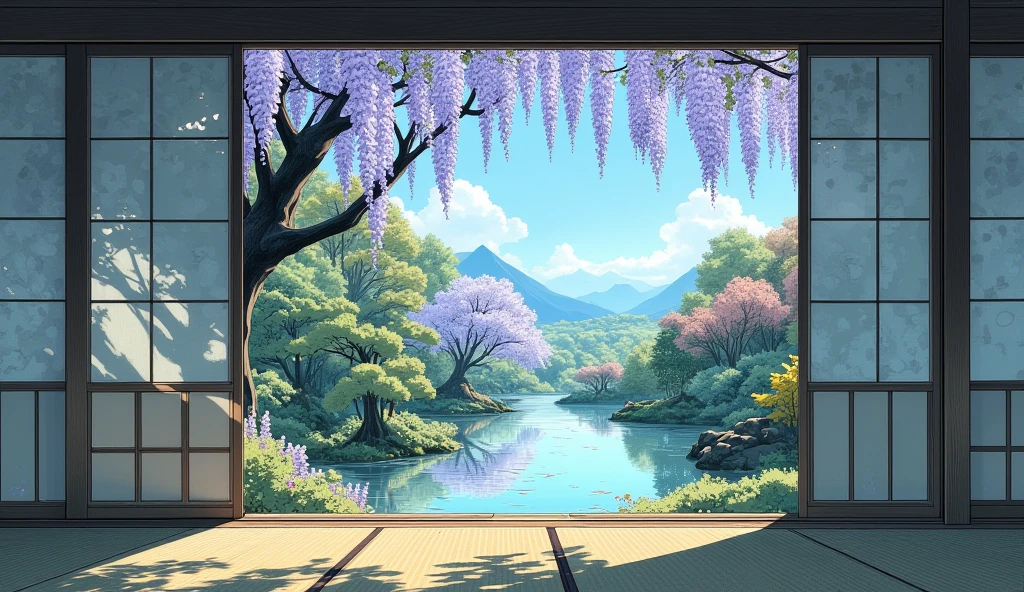 Garden seen from a Japanese Japanese-style room,tatami,Pool,Plants,purple wisteria flower,Sunlight,blue sky,cloud