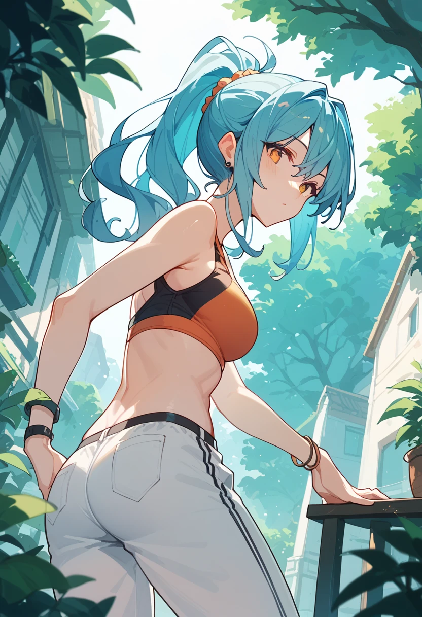 1girl, Touhou, Nitori Kawashiro, blue hair, blue eyes, blue mechanic suit, blue mechanical pants, blue tube top, sleverless tubtop, abdomen, green mechanical gloves, Boots, green kappa hat, mechanic tool box on the ground, open tool box, rural city Background, wide shot