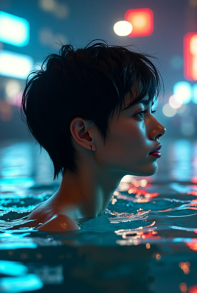 A beautiful caucasian woman with pixie cut black hair partially submerged in a shimmering liquid, brilliantly reflecting city lights above; a blend of organic and synthetic materials creates a visually stunning dichotomy, captivating composition, highly detailed. 3D effect ultra-detailed intricate insanely full HD, master piece, photorealistic digital painting cinematic film light, artstation quality, 