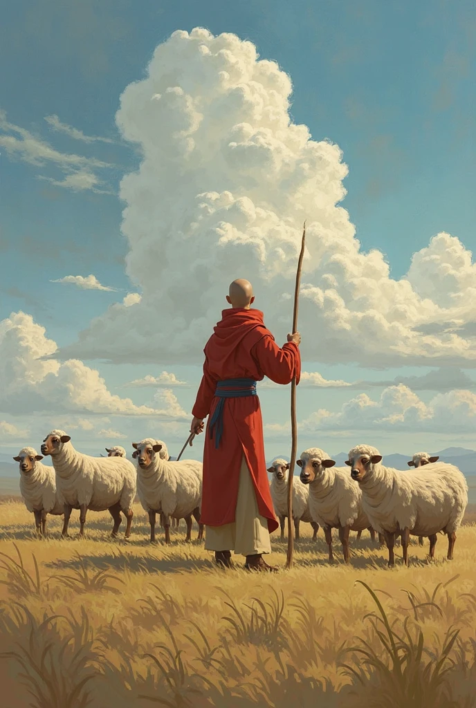 I want a picture . In this picture you get a flock of sheep and a shepherd with a stick in his hand behind. The Last Air Bender character has special powers such as a painting that has special powers and is capable of bending sheep, apply these powers on sheep 