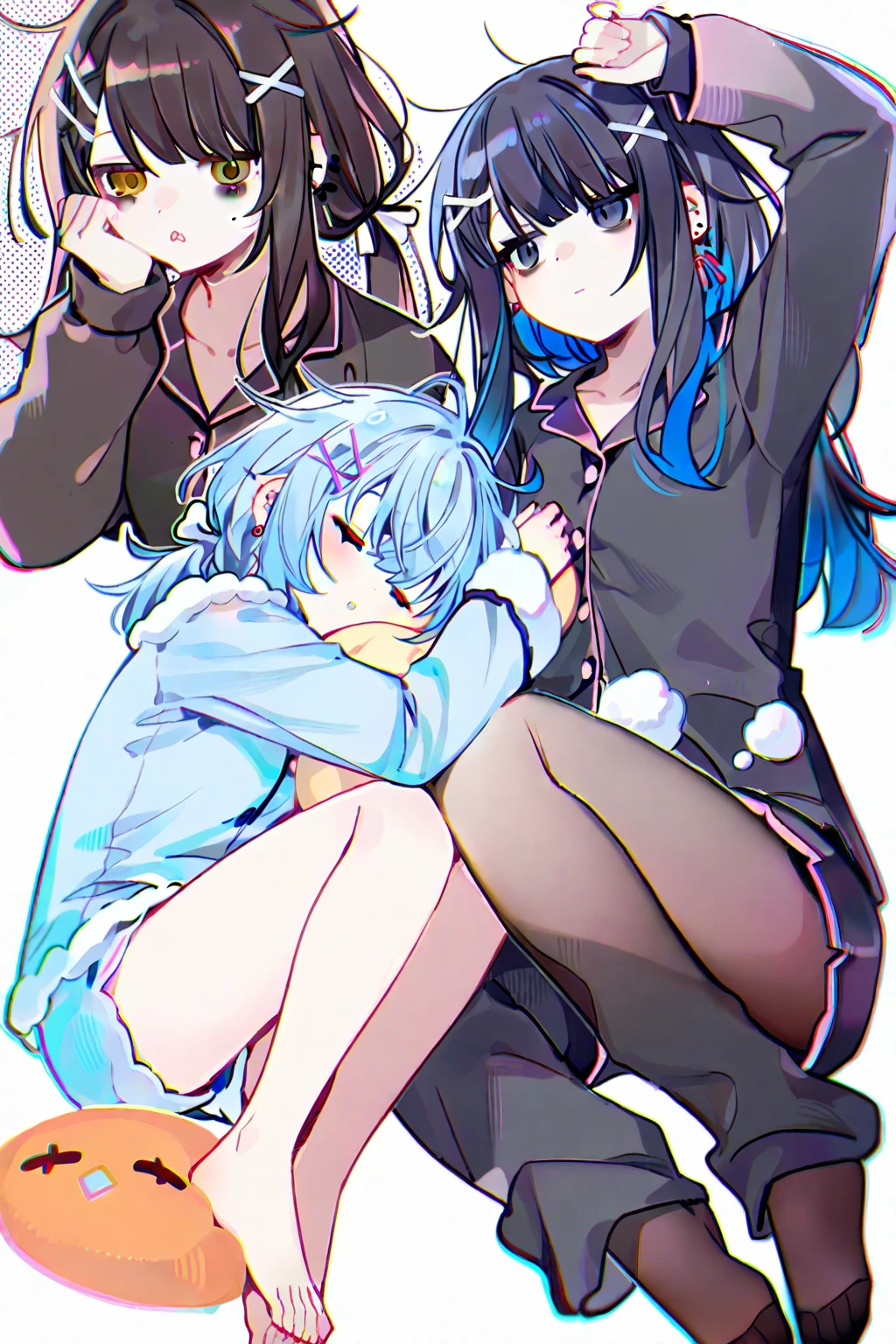 (8K、masterpiece、Highest quality、Super detailed、Professional Lighting、Beautiful Face)、 Black gal(Dark Skin:1.2)、(correction:1.1)、(short、small、small:1.2)nsfw、Two beautiful 18 year old girls、(Group shot:1.2)、(sweater:1.2)、(Tiered flare skirt)、(Gorgeous detailed embroidered panties)、(Skirt Lift:1.5)、Put your hand on your skirt、(Panty shot)、Panty Focus、plump、pubic hair、smile、Black Short Hair、Voluminous straight hair、Parted bangs、Lip gloss、Pale skin、Glowing Skin、