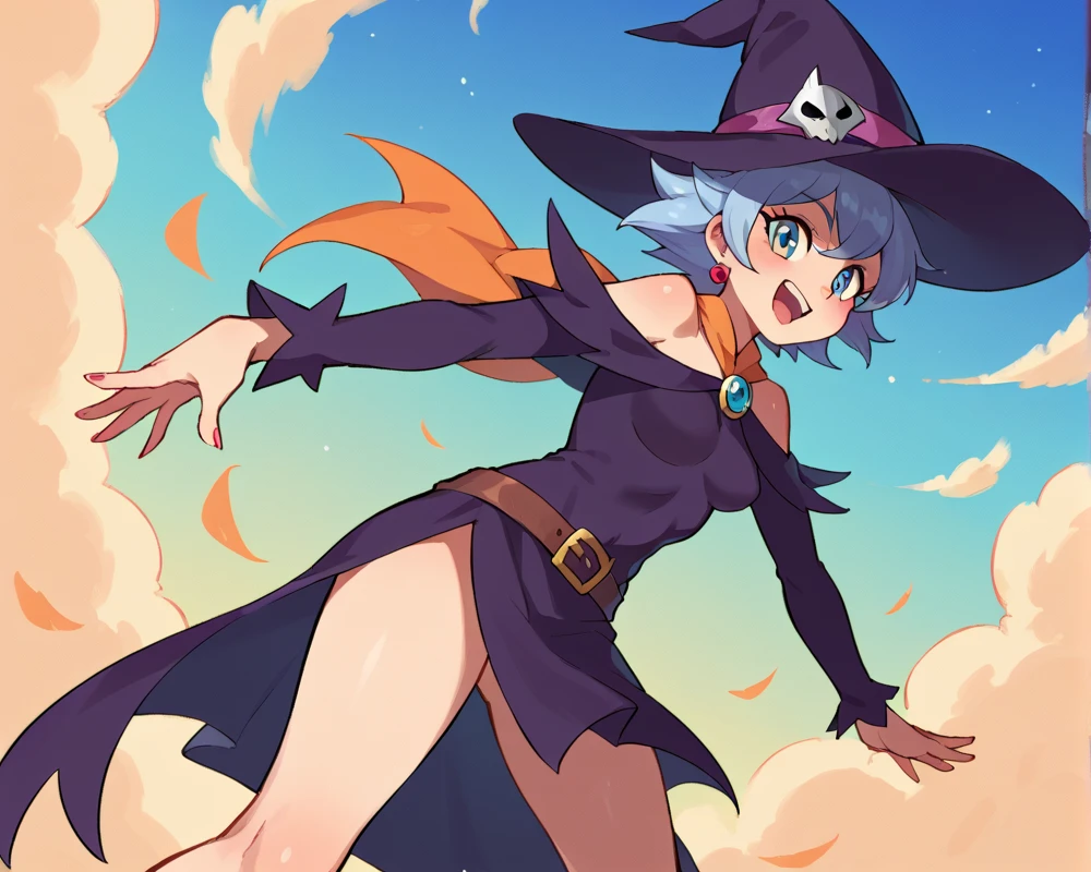 plant based witch, hot witch, full body, jumping, flower in hand.