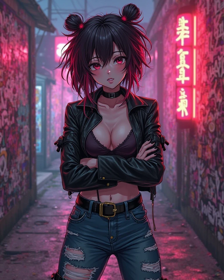 "Anime-style fierce age girl with a bold expression, wearing a cropped leather jacket over a strappy top, high-waisted ripped jeans, and combat boots. She has messy, layered hair with dyed red streaks, black nails, and sharp eyeliner. She's standing with arms crossed in front of a graffiti wall at dusk, neon lights glowing behind her. The vibe is rebellious, confident, and unapologetic — anime-style with strong shadows, vibrant colors, and attitude-filled pose."