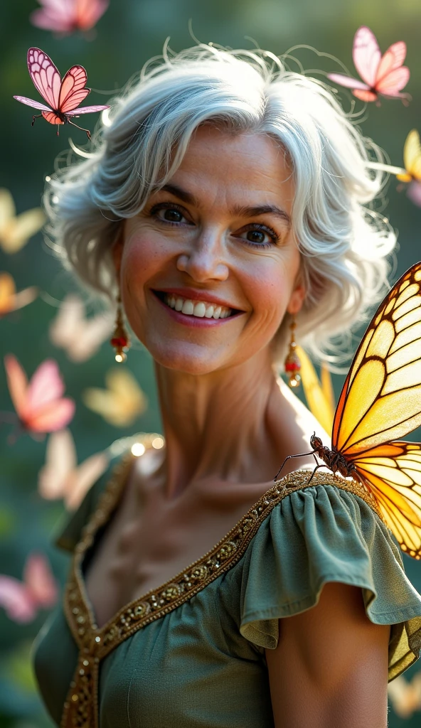 Très belle femme cheveux blancs ondulés courts, contes de fées, ailes de papillon, de beaux vêtements couvrant sa poitrine,( grands yeux rieurs,grands sourire, détails précis, meilleure qualité).
