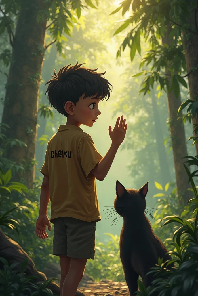 Close-up of dog and a boy wearing expedition camouflage uniforms with backpacks and binoculars standing in the deep mountain jungle, Beautiful light and shadow in deep forest exploration, Strange flowers, exotic grasses, mountain streams, Ghibli art style, Studio Ghibli illustrations, studio Ghibli art style, very beautiful cute , Ghibli art style, Lovely digital painting, Ghibli inspiration, Studio Ghibli Art, Hayao Miyazaki, cute anime , Realistic anime cat, blue cat