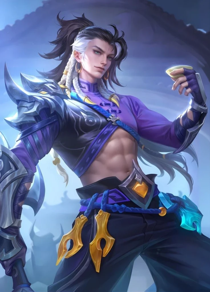 Moskov, a male hero in Mobile Legends, has long purple hair, wears purple martial arts pants, wields a spear, does not wear a shirt, realistic anime 