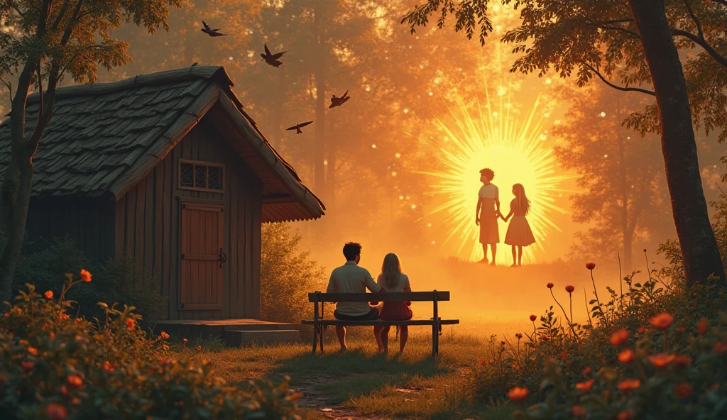 Show a peaceful scene at dawn in front of a traditional hut in the forest. a young man (Elian, ca. 20, dark hair, Asian features) sitting with a girl (ca. 18, helle Haut, silver-blond hair,  curious look ) on a wooden bench. Herbs, Birds fly . The scene radiates hope, New start and peace. In the background, symbolic rays of light in the form of two glowing silhouettes (Lia and Julian, Hand in Hand, female and male), floating above the house bloom around them — almost like memories.